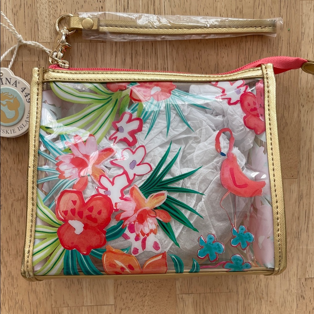 Spartina Flamingo Floral RetreatTransparent Wristlet with Gold Trim